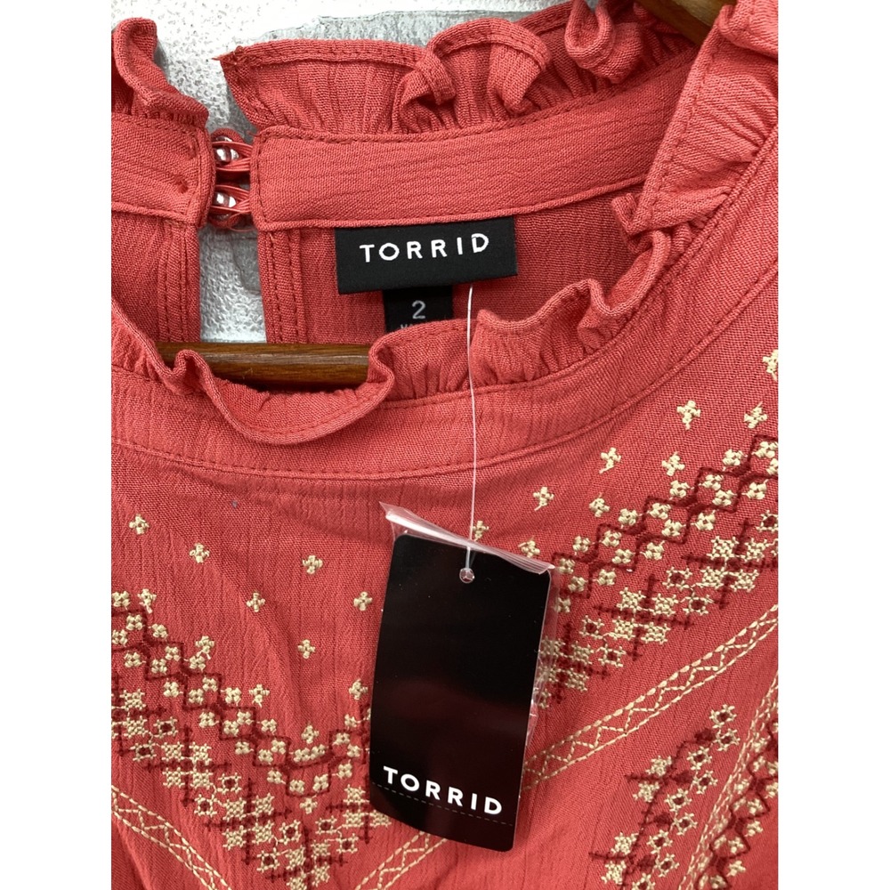 Torrid Women 2 Coral Terracotta Embroidered Ruffle Neck Long Sleeve Blouse NWT - Picture 4 of 7